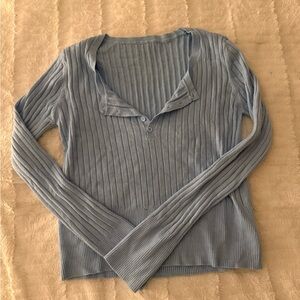 Light Blue Ribbed Henley Long-Sleeve Top